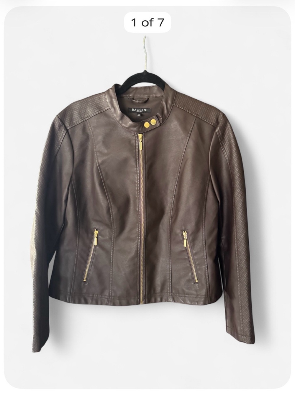 Baccini Women’s XL Brown Faux Leather Moto Jacket Gold Zip Pockets